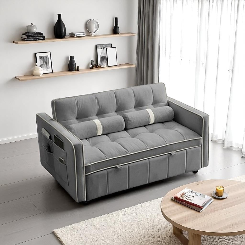 Velour Pull Out Sleeper Sofa Bed In Fabric Upholstery - Grey