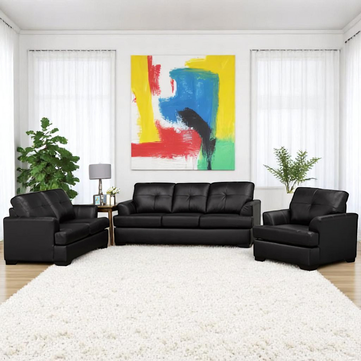 Oslo 3-Piece Sofa Set In Leather Upholstery - Black