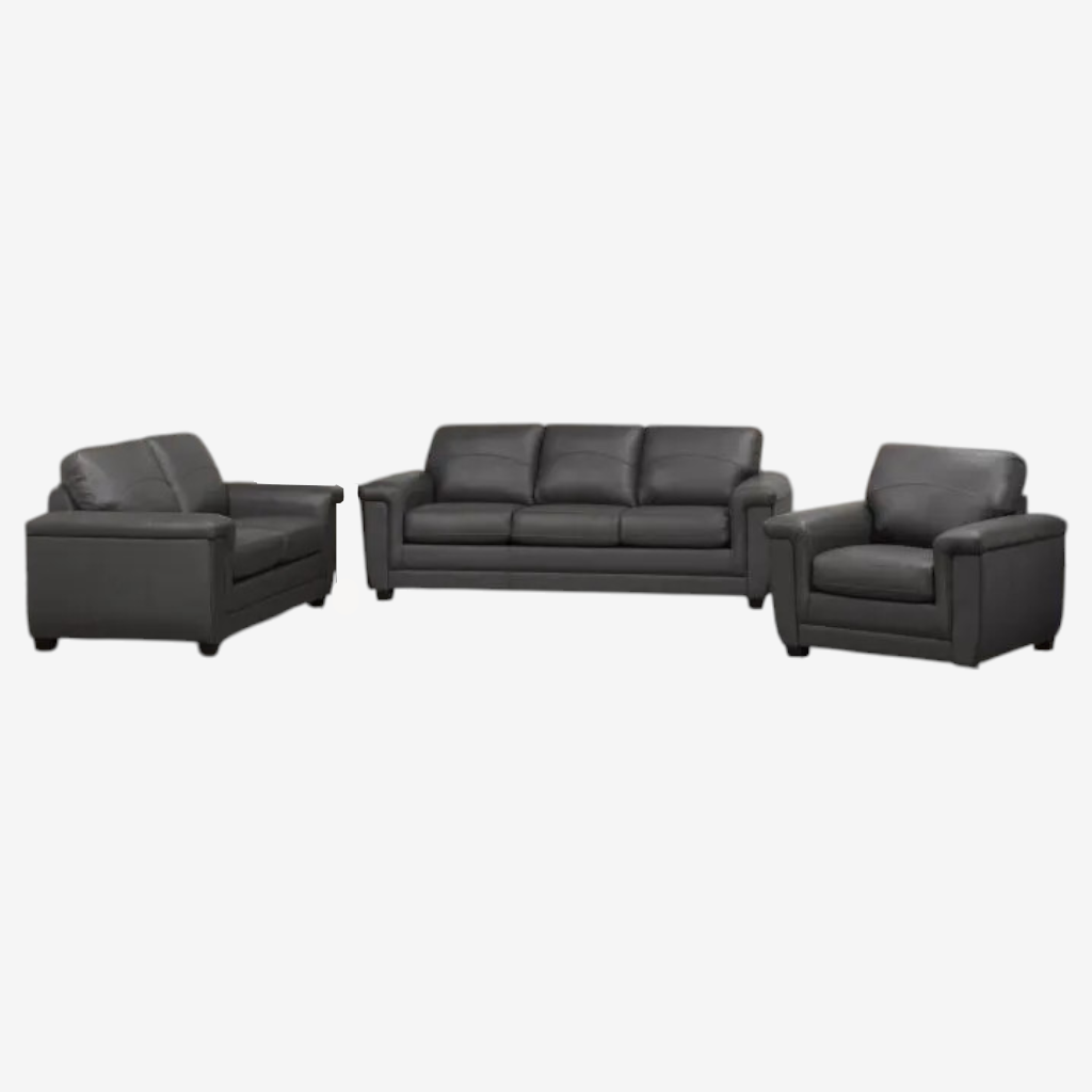 Seville 3-Piece Sofa Set In Leather Upholstery - Dark Grey