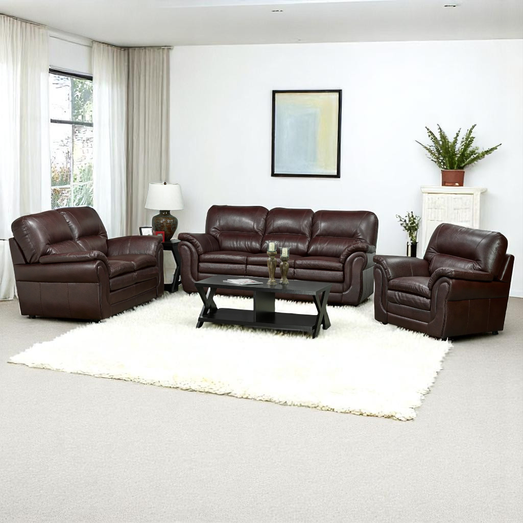 Zane 3-Piece Sofa Set In Leather Upholstery - Umber