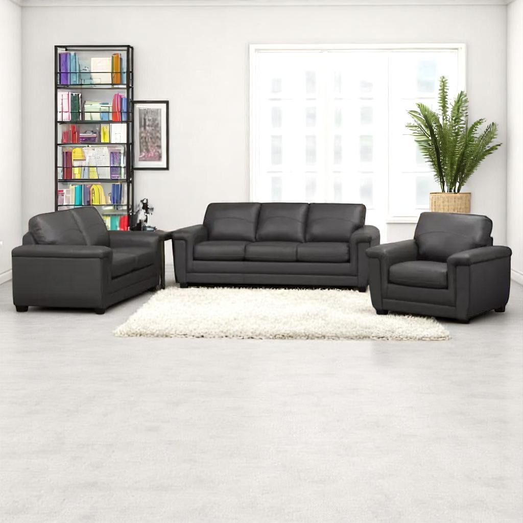 Seville 3-Piece Sofa Set In Leather Upholstery - Dark Grey
