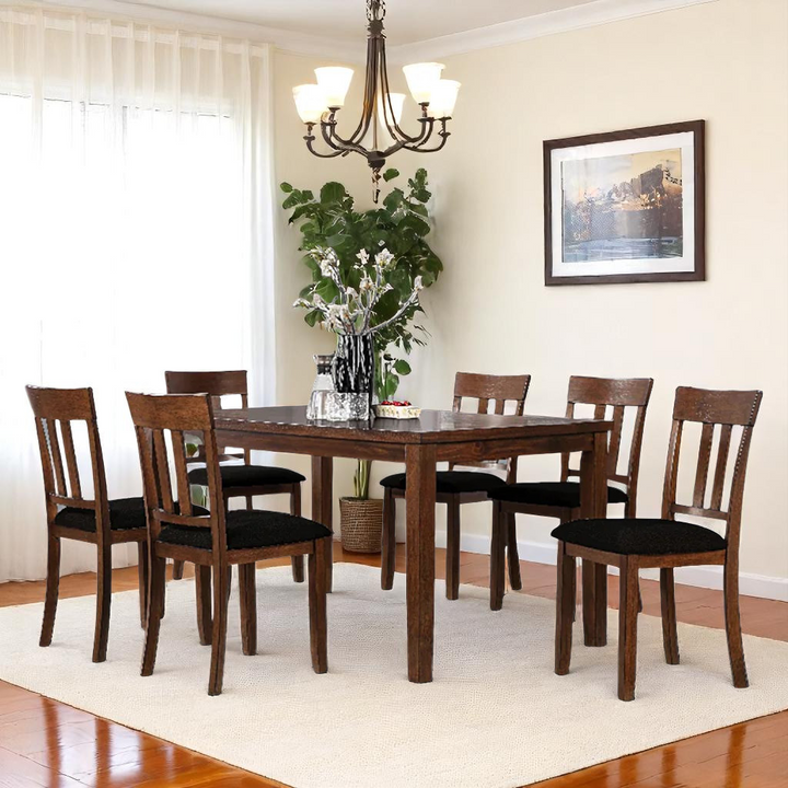 Cheen Wooden Dining Table Set For 6 With Leather Upholstered Chairs - Cherry