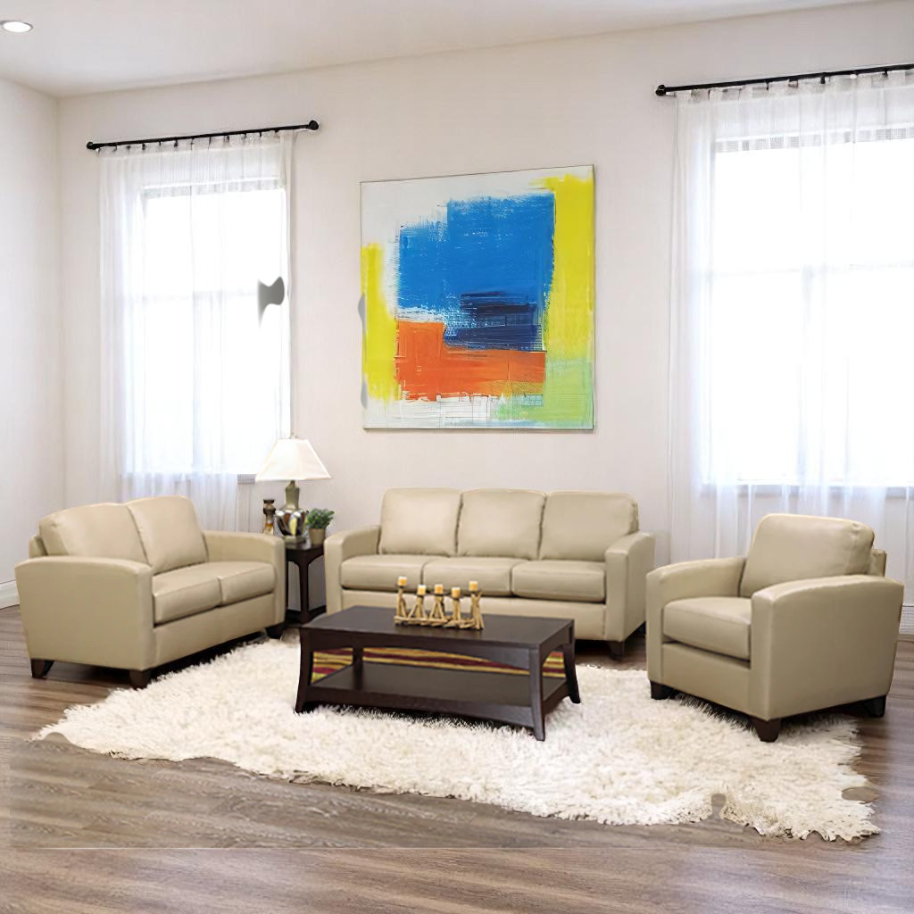 Liora 3-Piece Sofa Set In Leather Upholstery - Buff