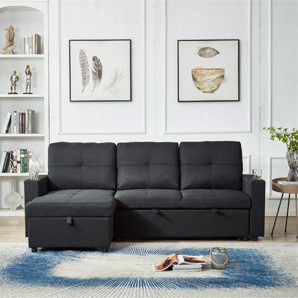 Linda Pull Out Sleeper Sofa With Reversible Chaise - Black