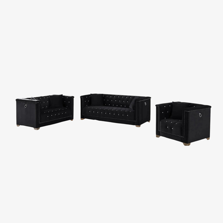 Nova 3-Piece Captivating Sofa Set With Velvet Upholstery - Midnight Black