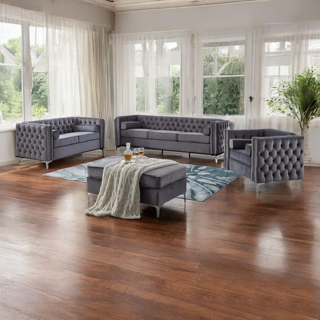 Brett 3-Piece Sofa Set With Storage Ottoman & Velvet Upholstery - Grey