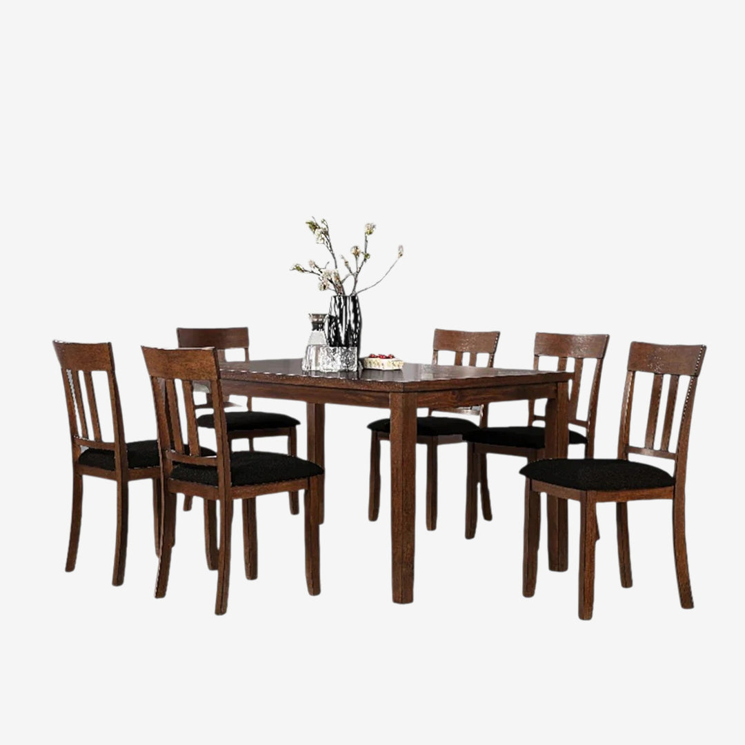 Cheen Wooden Dining Table Set For 6 With Leather Upholstered Chairs - Cherry