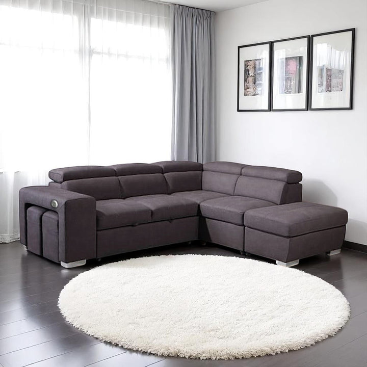 Vibe Fabric Upholstered Sectional Sofa Bed With USB Charging Ports - Grey