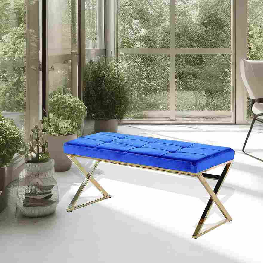 Gavin Comfortable Metallic Bench With Aged Gold Finish - Glitzy Blue