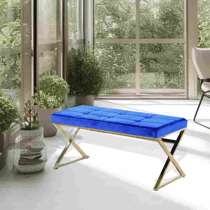 Gavin Comfortable Metallic Bench With Aged Gold Finish - Glitzy Blue