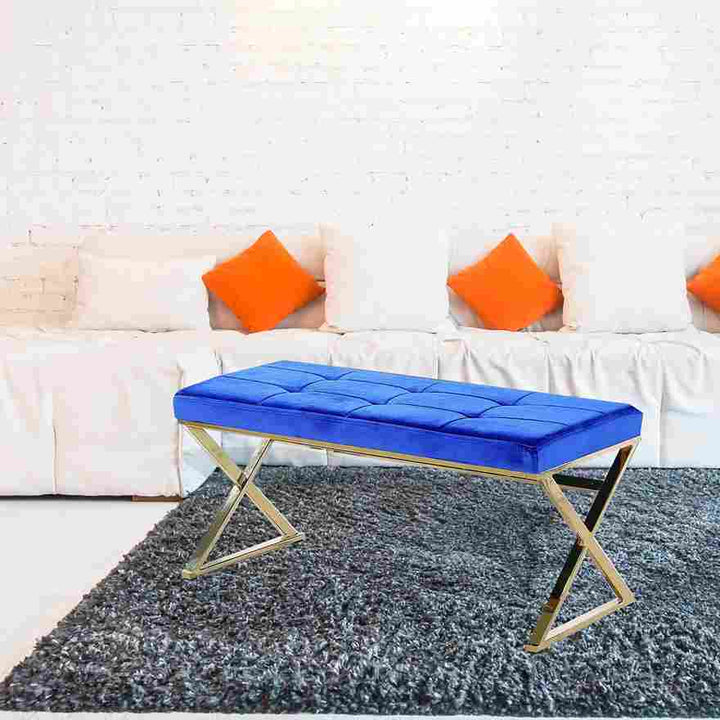 Gavin Comfortable Metallic Bench With Aged Gold Finish - Glitzy Blue