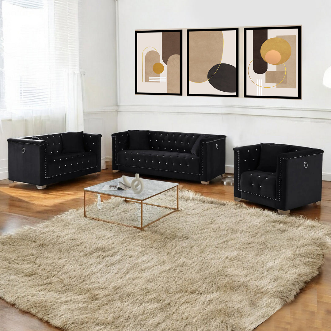 Nova 3-Piece Captivating Sofa Set With Velvet Upholstery - Midnight Black