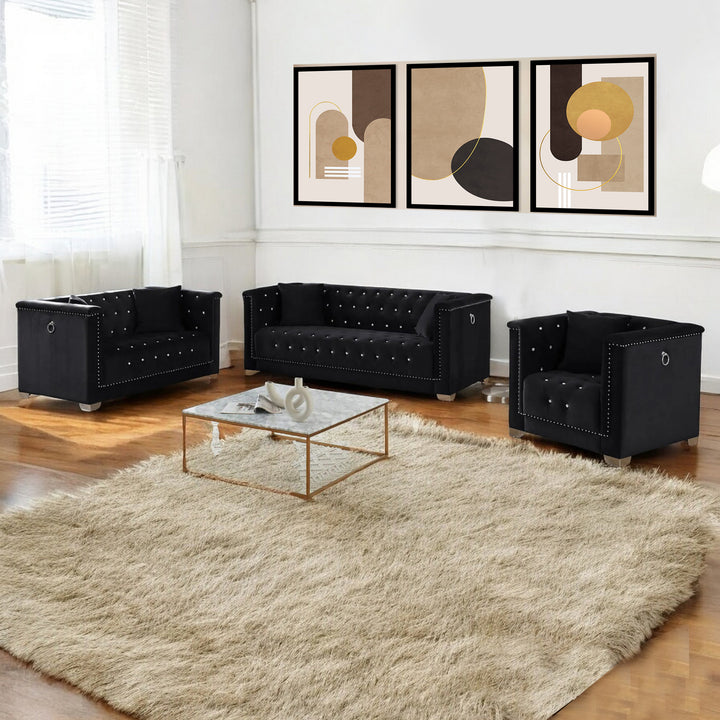 Nova 3-Piece Captivating Sofa Set With Velvet Upholstery - Midnight Black