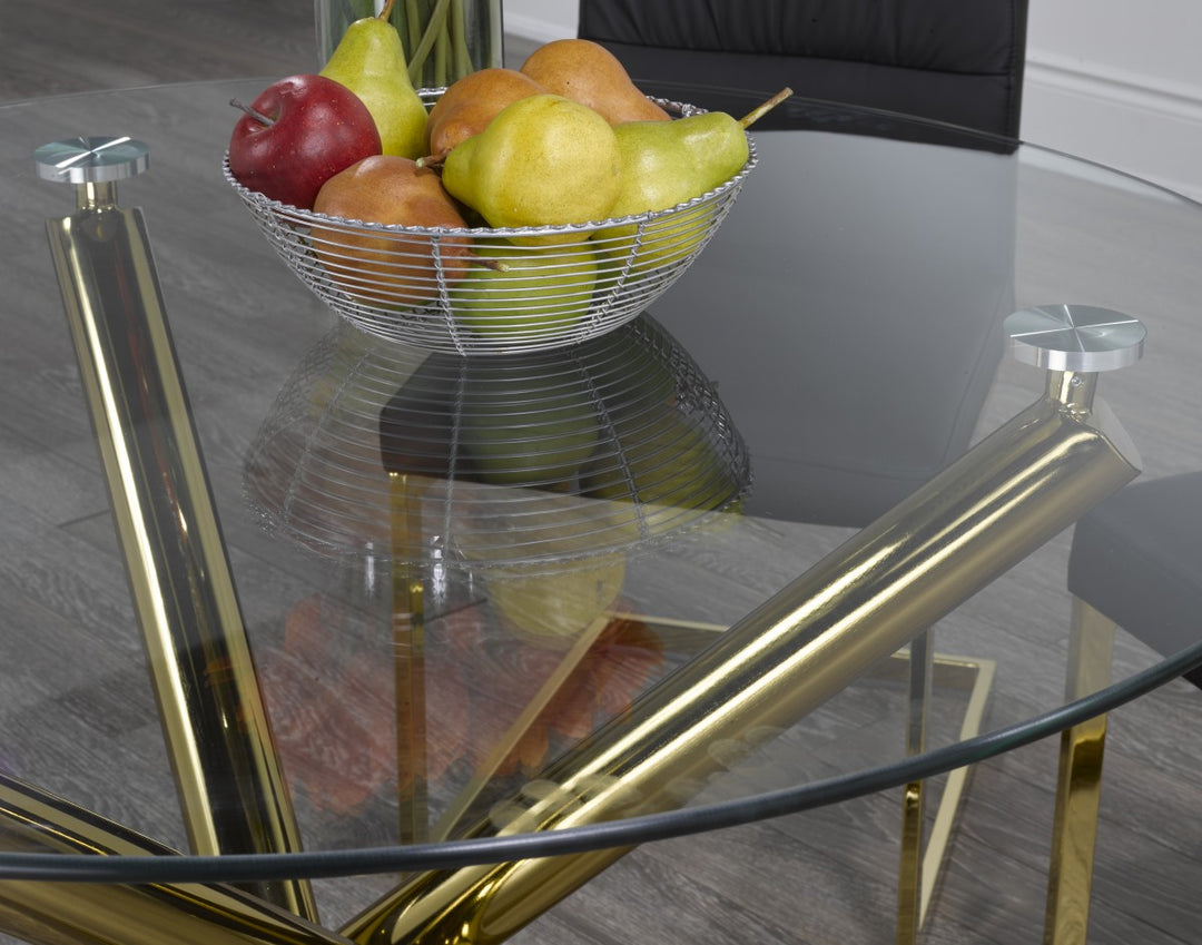 Verano Glass Dining Table with X-Frame & Gold Legs