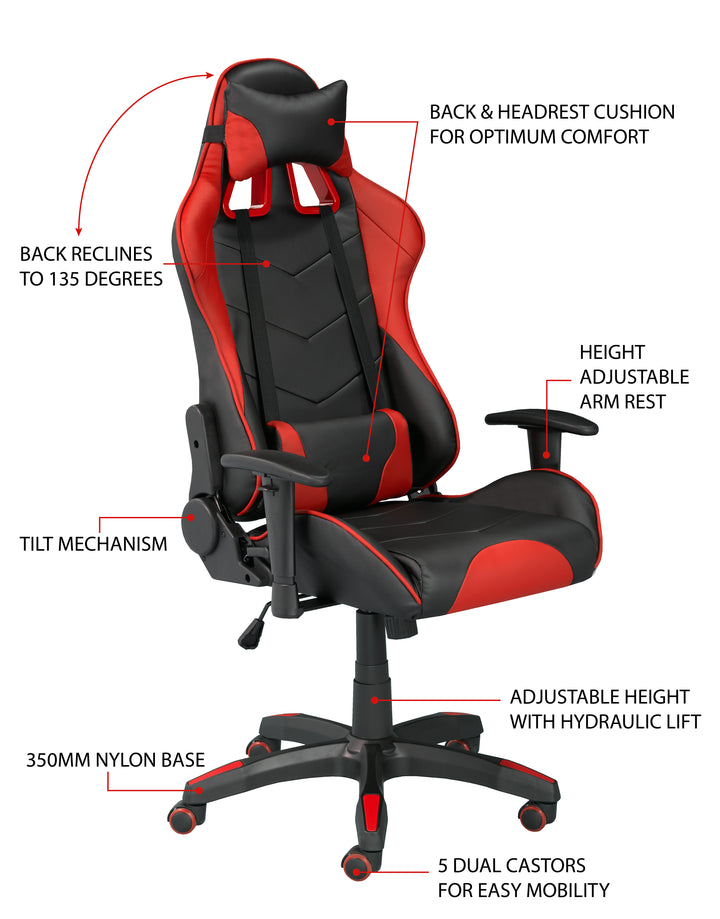 Maverick Ergonomic Gaming Chair In Faux Leather Upholstery - Black/ Red