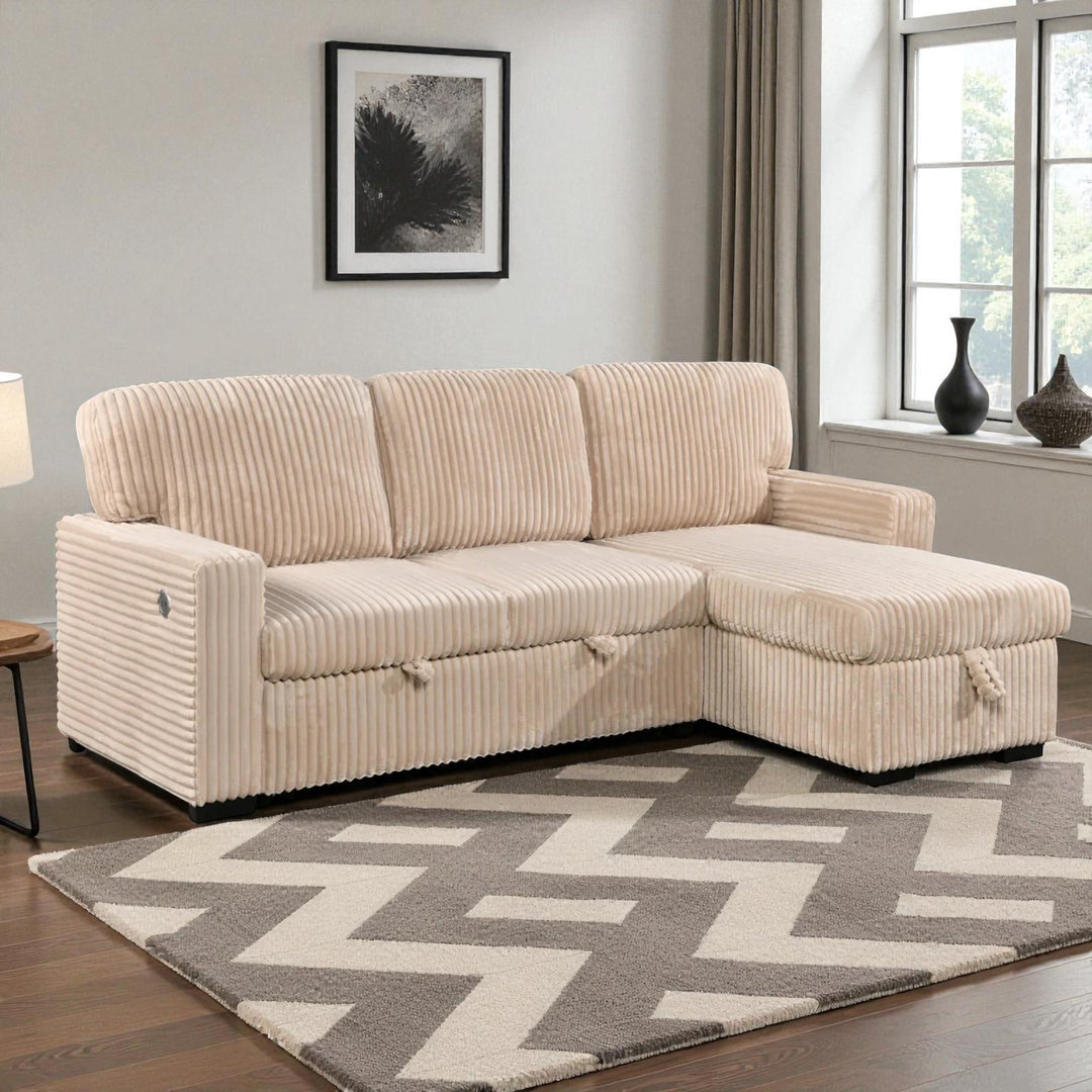 Flair Fabric Upholstered Sectional Sofa Bed With Reversible Storage Chaise - Beige