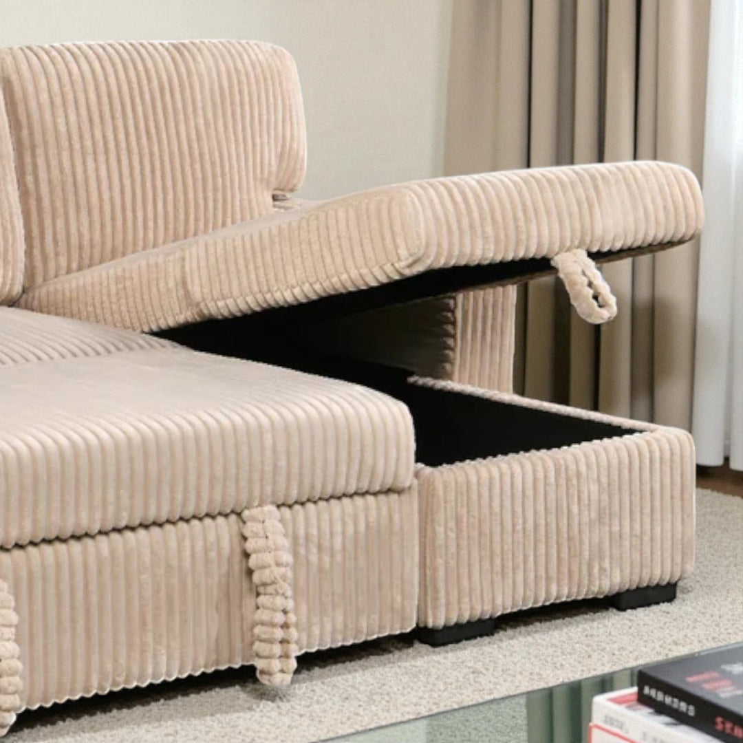 Flair Fabric Upholstered Sectional Sofa Bed With Reversible Storage Chaise - Beige