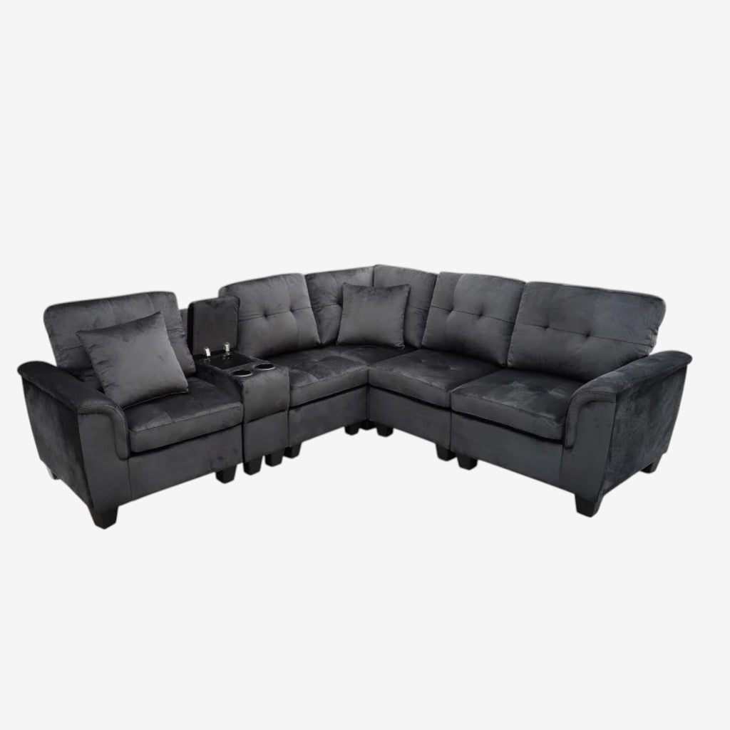 Albert Fabric Upholstered Sectional Sofa - Black | Reversible Design, Cup Holders & Storage Console