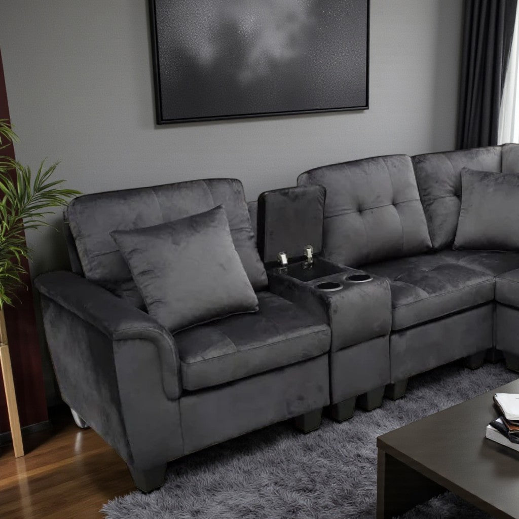 Albert Fabric Upholstered Sectional Sofa - Black | Reversible Design, Cup Holders & Storage Console