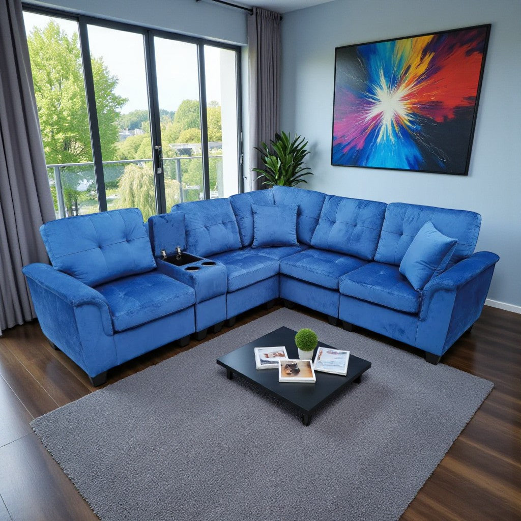 Albert Fabric Upholstered Sectional Sofa - Blue | Reversible Design, Cup Holders & Storage Console