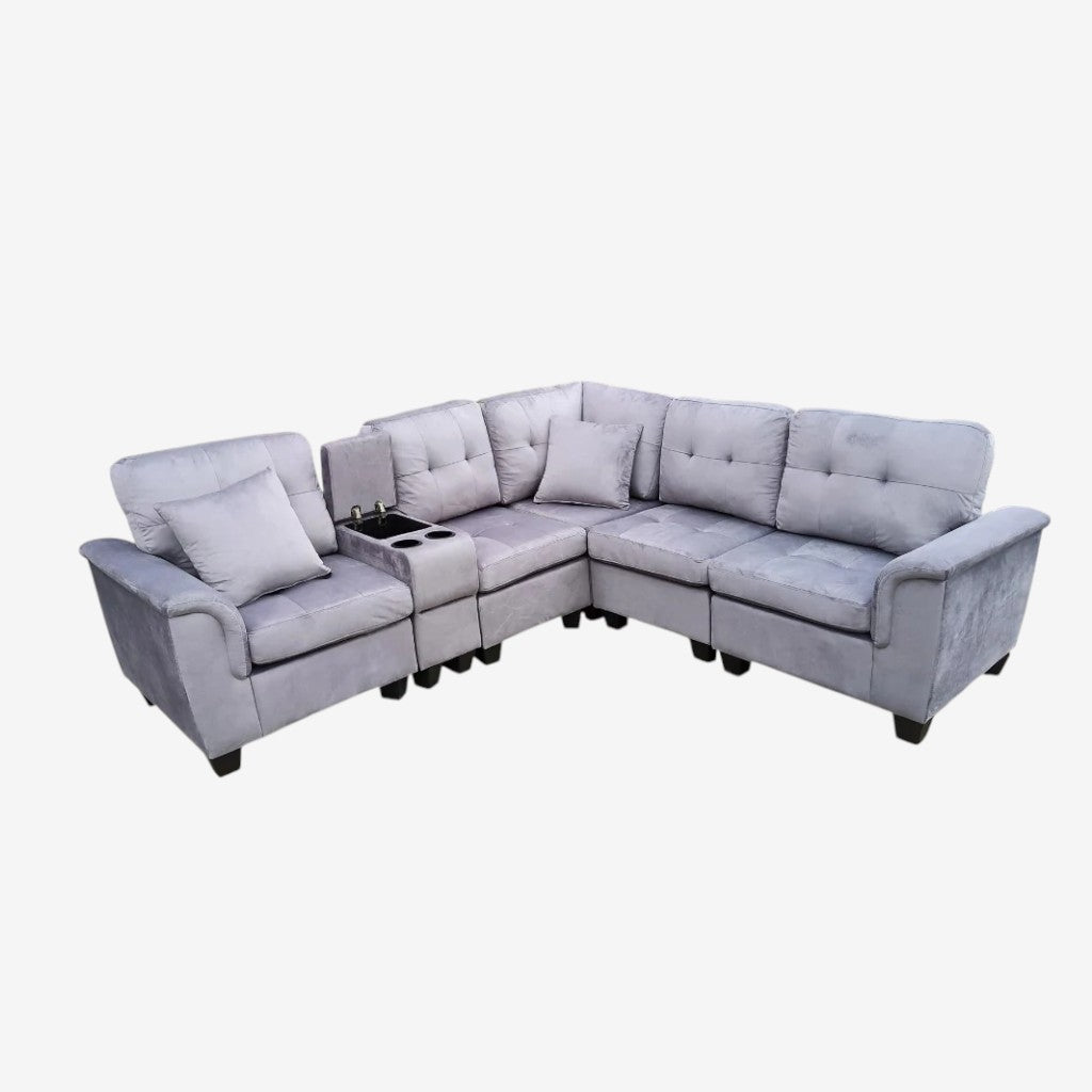 Albert Fabric Upholstered Sectional Sofa - Grey | Reversible Design, Cup Holders & Storage Console