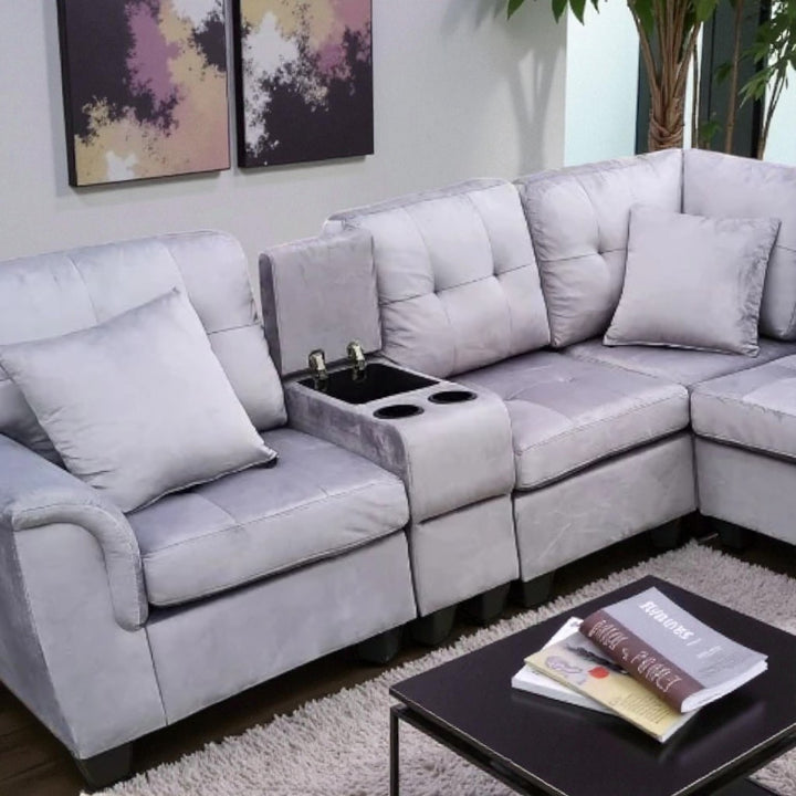 Albert Fabric Upholstered Sectional Sofa - Grey | Reversible Design, Cup Holders & Storage Console
