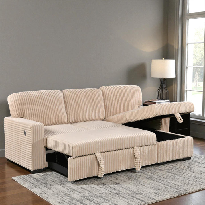 Flair Fabric Upholstered Sectional Sofa Bed With Reversible Storage Chaise - Beige