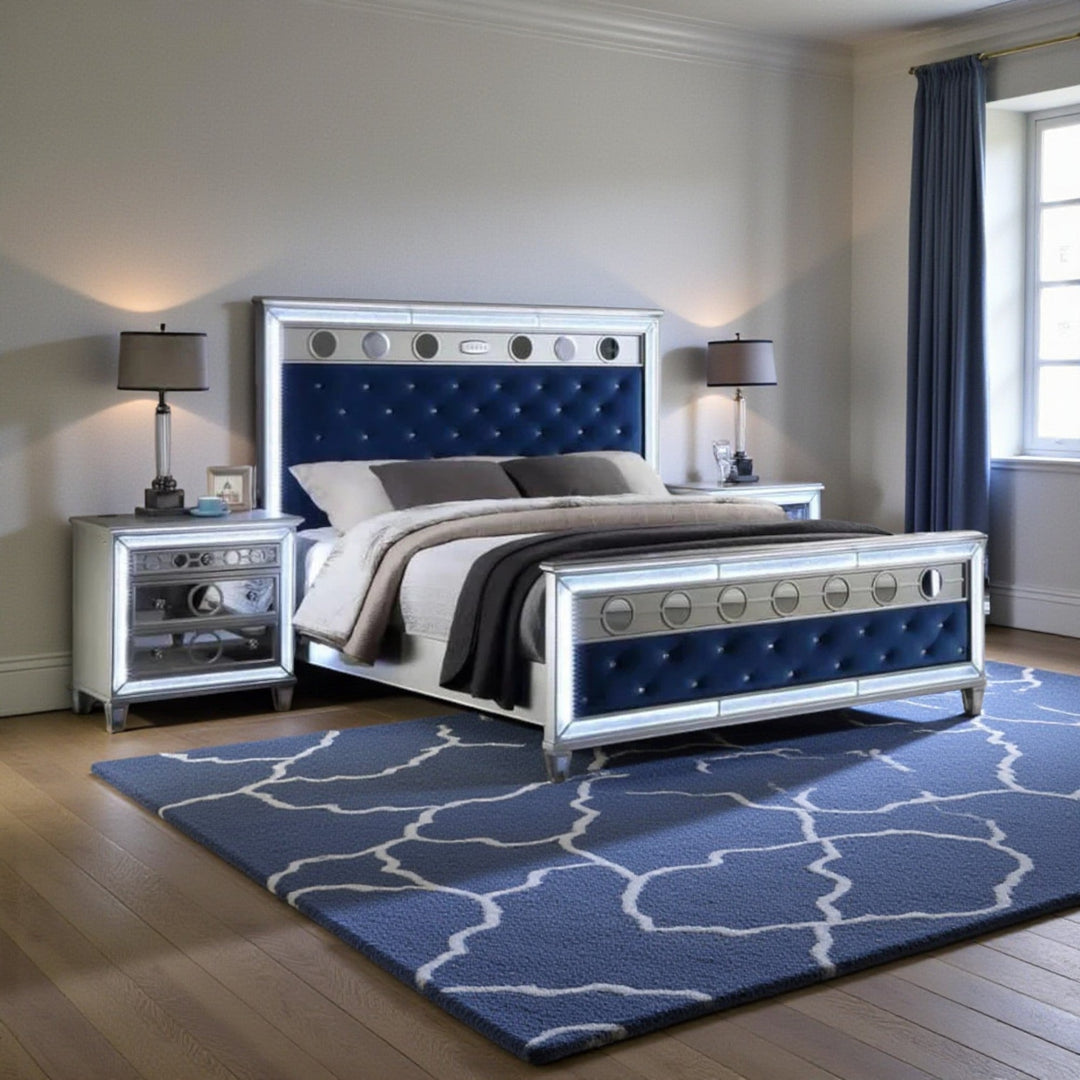 Flora 8-Piece Bedroom Set - Silver/ Blue | Built-in LED Lights, Bluetooth Speaker & Storage Options