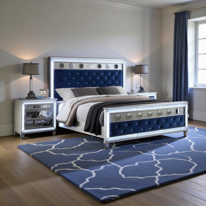 Flora 8-Piece Bedroom Set - Silver/ Blue | Built-in LED Lights, Bluetooth Speaker & Storage Options