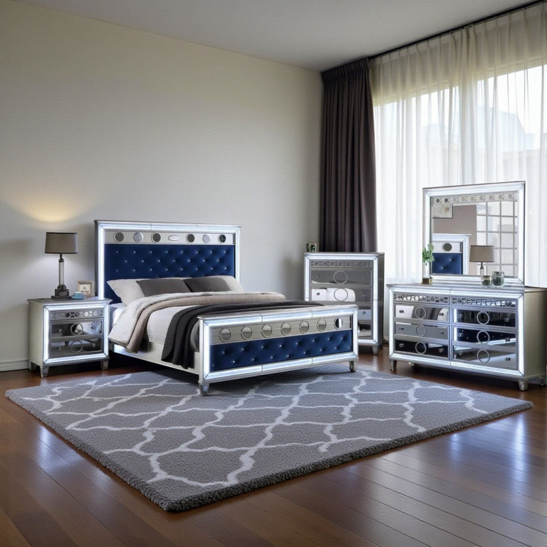 Flora 8-Piece Bedroom Set - Silver/ Blue | Built-in LED Lights, Bluetooth Speaker & Storage Options