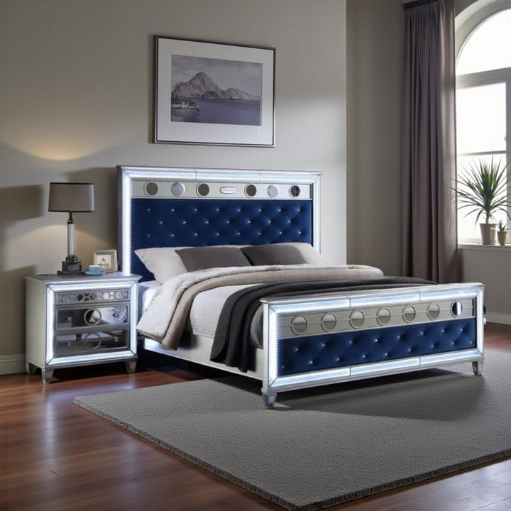 Flora 8-Piece Bedroom Set - Silver/ Blue | Built-in LED Lights, Bluetooth Speaker & Storage Options