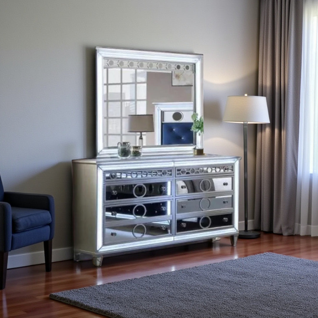 Flora 8-Piece Bedroom Set - Silver/ Blue | Built-in LED Lights, Bluetooth Speaker & Storage Options