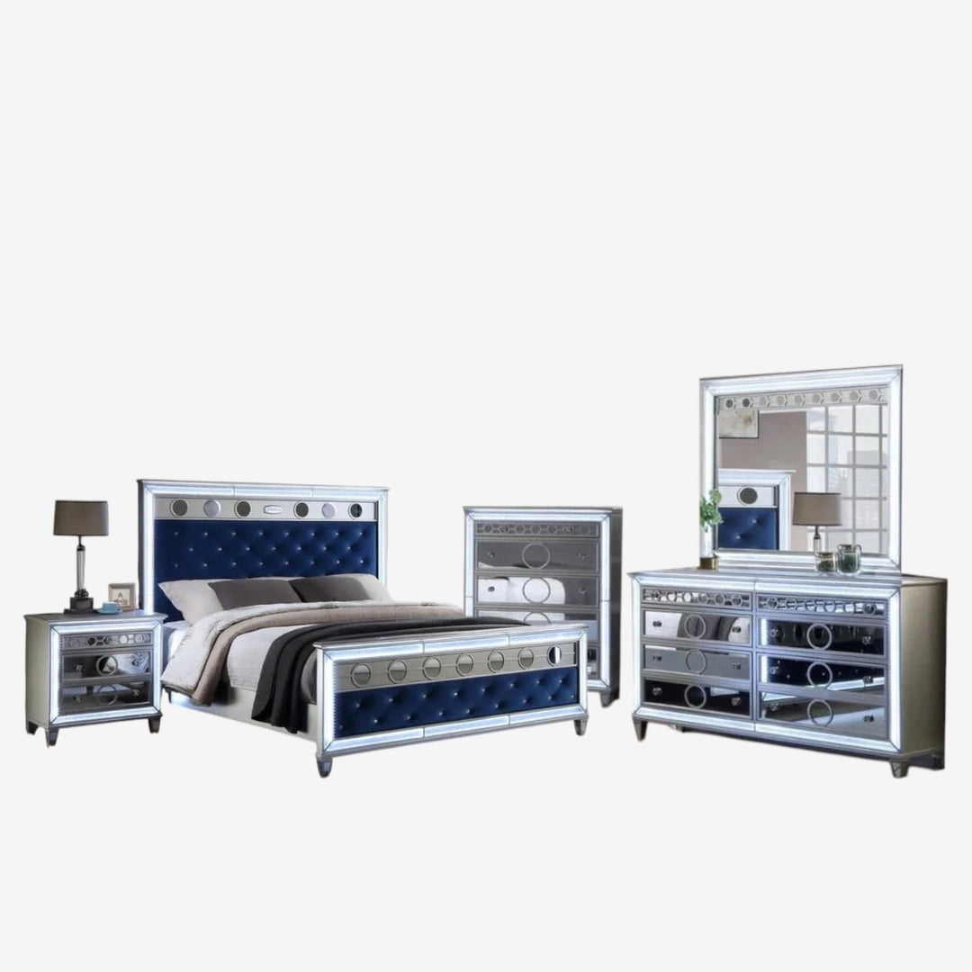 Flora 8-Piece Bedroom Set - Silver/ Blue | Built-in LED Lights, Bluetooth Speaker & Storage Options
