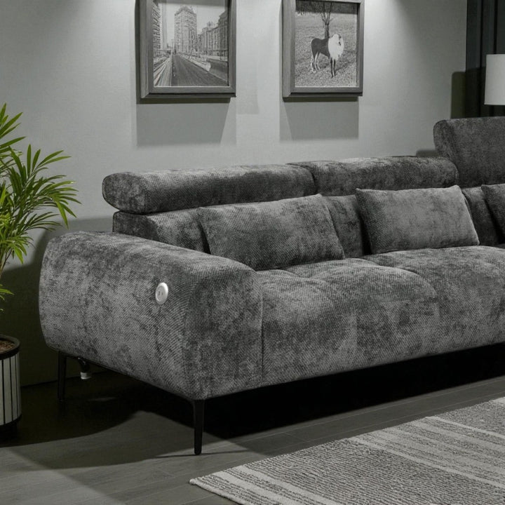 Pax Fabric Upholstered Sectional Sofa With USB Charing Ports - Grey | Available In LHF/ RHF Configuration