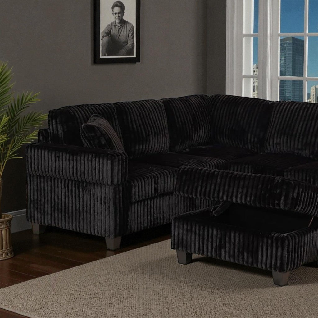 Xavier Fabric Upholstered Sectional Sofa With Storage Ottoman - Black | Modern, Comfortable & Reversible