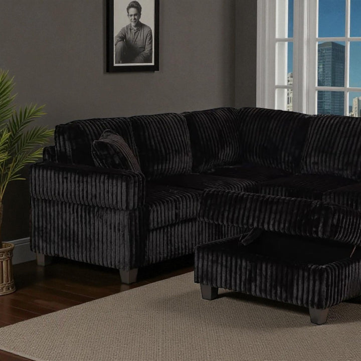 Xavier Fabric Upholstered Sectional Sofa With Storage Ottoman - Black | Modern, Comfortable & Reversible