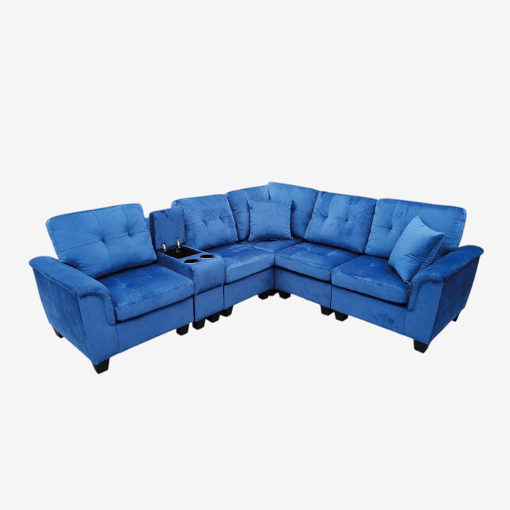 Albert Fabric Upholstered Sectional Sofa - Blue | Reversible Design, Cup Holders & Storage Console