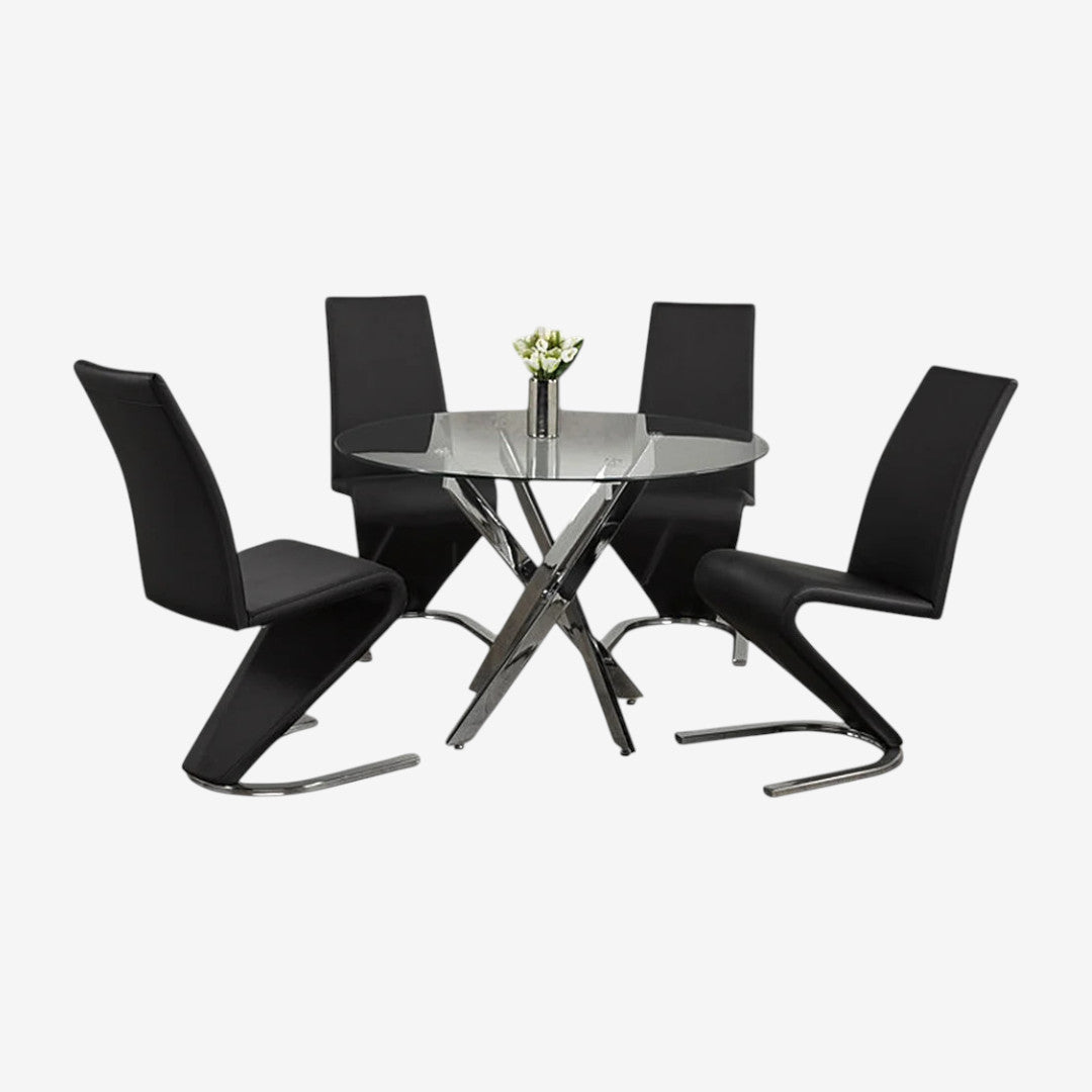 Evelyn Dining Table Set For 4 With Leather Upholstered Chairs - Black/ Chrome