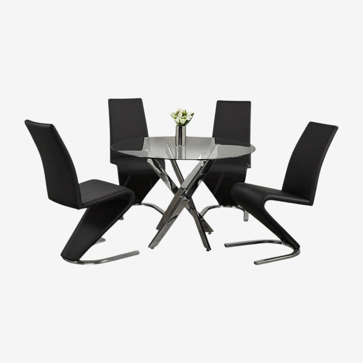 Evelyn Dining Table Set For 4 With Leather Upholstered Chairs - Black/ Chrome