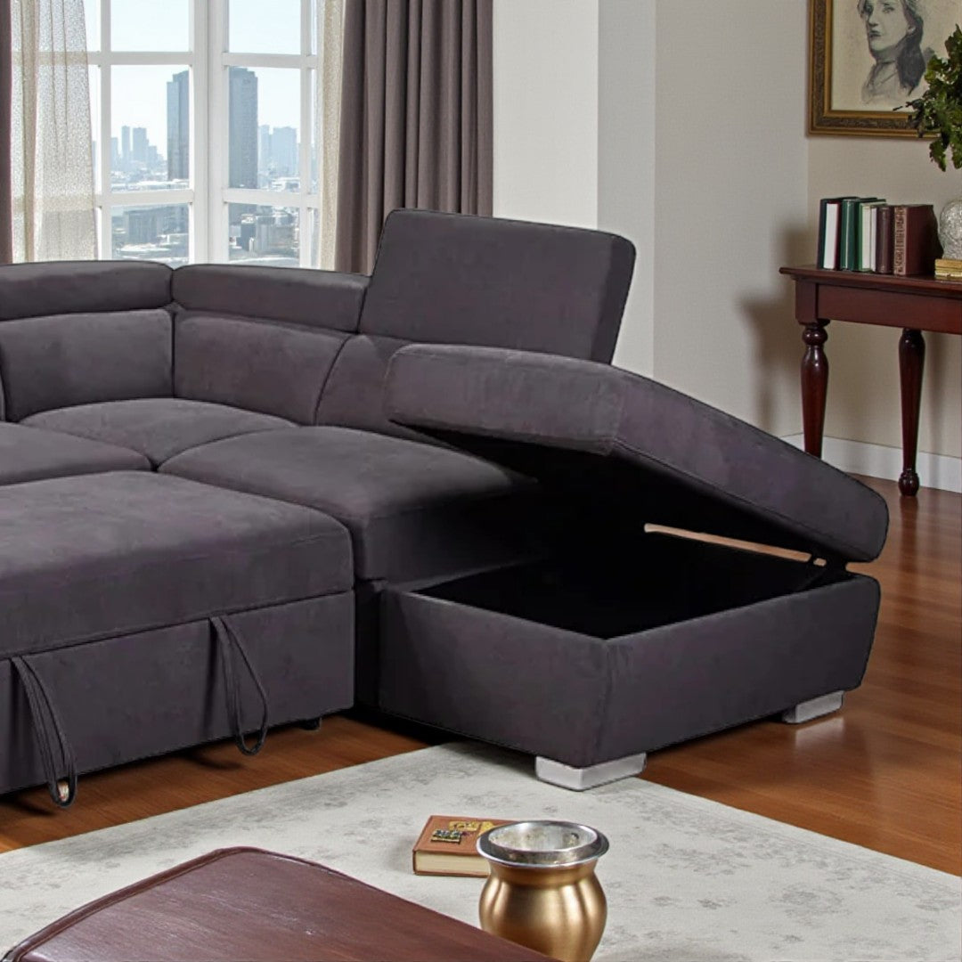 Vibe Fabric Upholstered Sectional Sofa Bed With USB Charging Ports - Grey