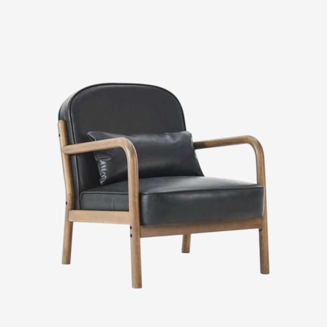 Bruno Wooden Accent Chair in Leather Upholstery - Black/ Walnut