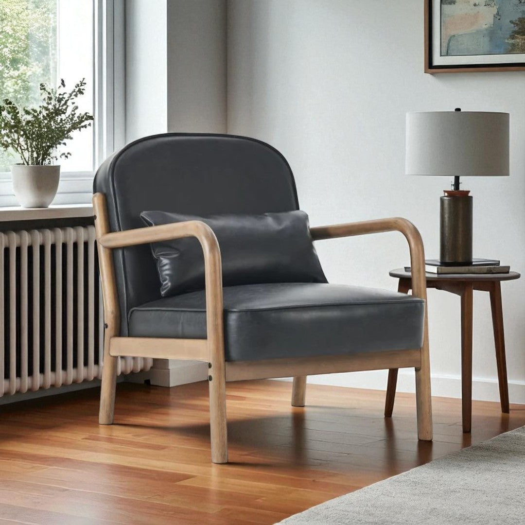 Bruno Wooden Accent Chair in Leather Upholstery - Black/ Walnut