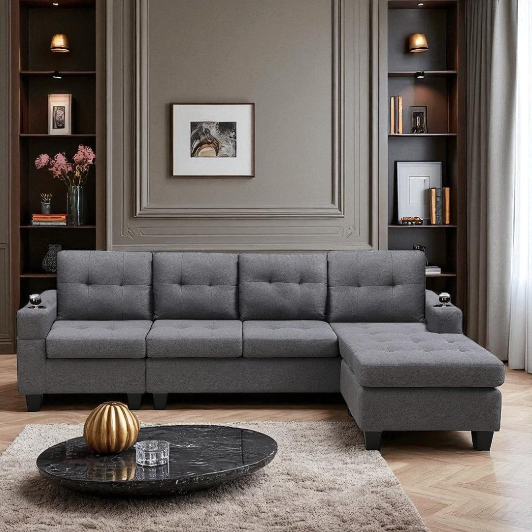 Bexen Fabric Upholstered Sectional Sofa With Reversible Chaise - Grey