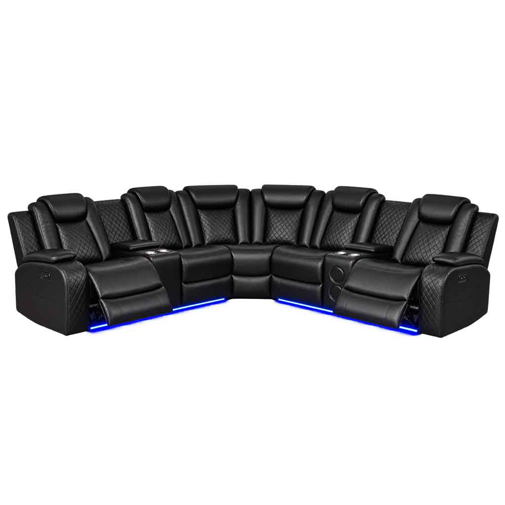 Finley 5-Seater Sectional Recliner In Leathaire Upholstery - Black | Power Recline, Wireless Charger, Bluetooth Speakers, Bottom LEDs, Cup Holders &amp; Storage Console