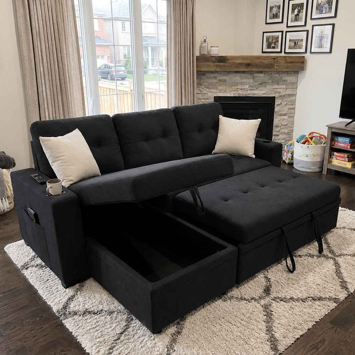 Kestrel Fabric Upholstered Sectional Sofa Bed With Reversible Storage Chaise - Black