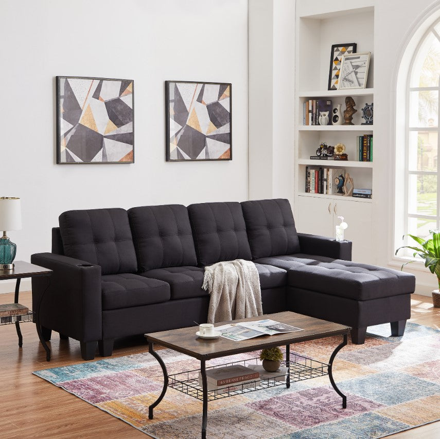 Bexen Canapé sectionnel rembourré en tissu avec méridienne réversible – Noir