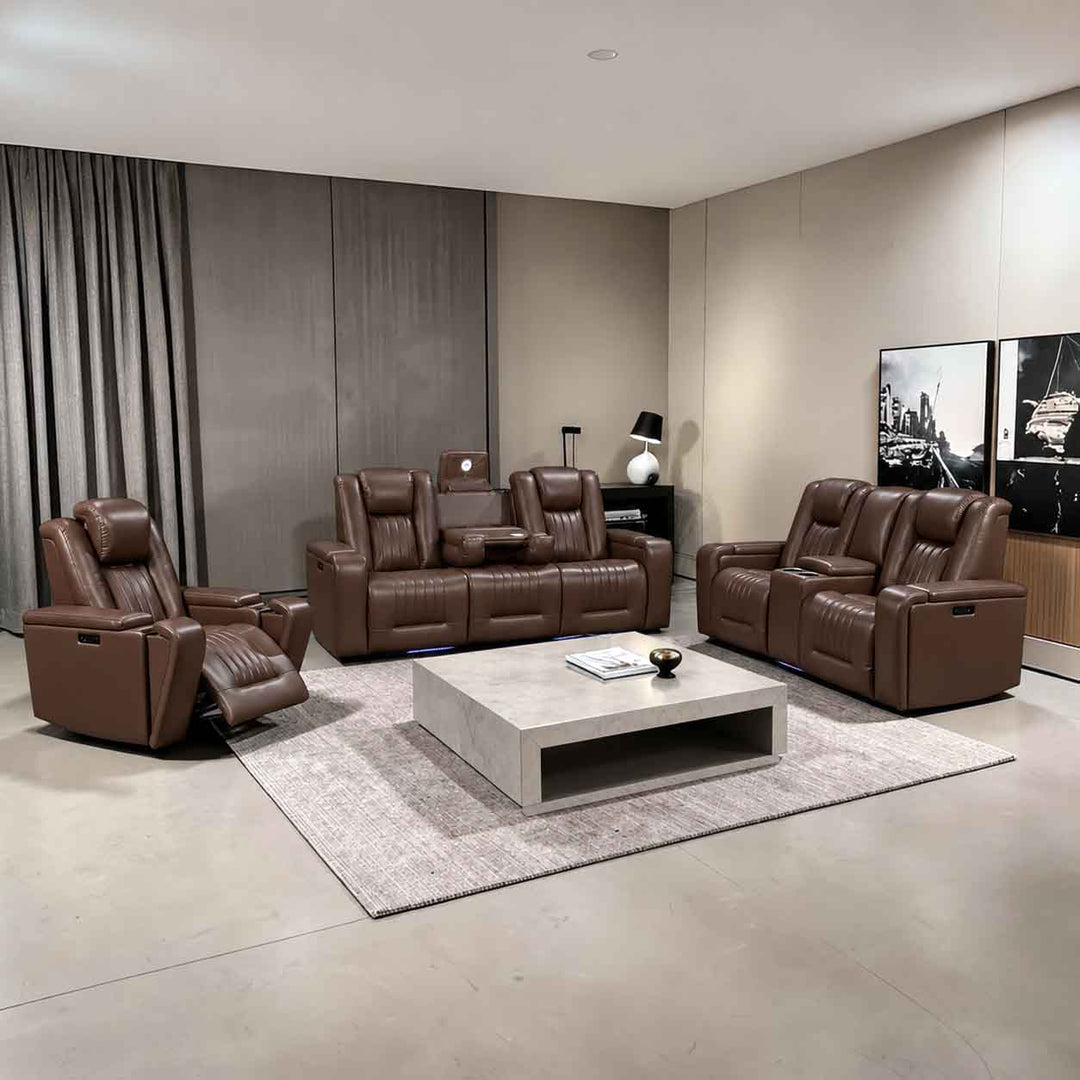 Vogue 3-Piece Power Recliner Set In Leathaire Upholstery - Chocolate