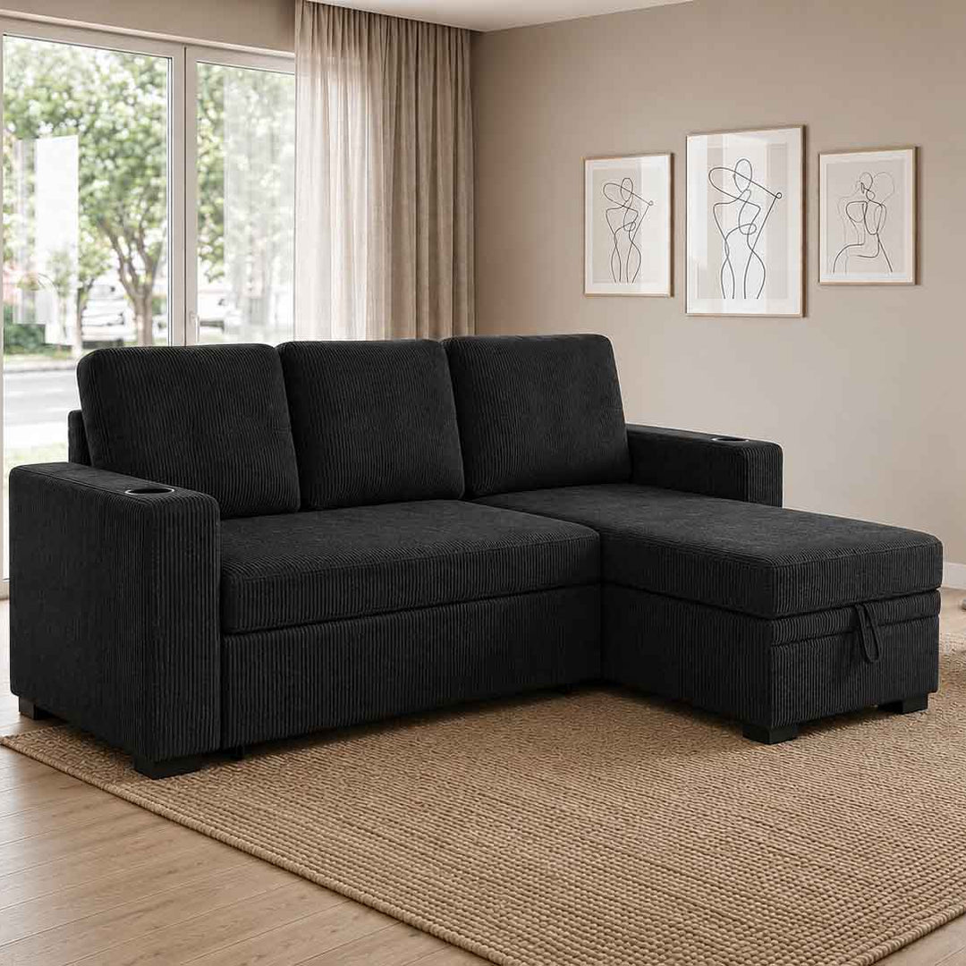 Robin Fabric Upholstered Sectional Sofa Bed With Reversible Storage Chaise - Black