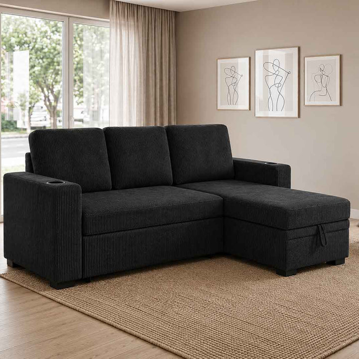 Robin Fabric Upholstered Sectional Sofa Bed With Reversible Storage Chaise - Black