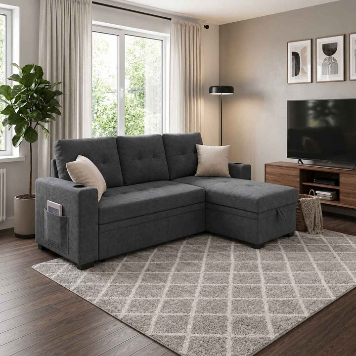 Kestrel Fabric Upholstered Sectional Sofa Bed With Reversible Storage Chaise - Grey